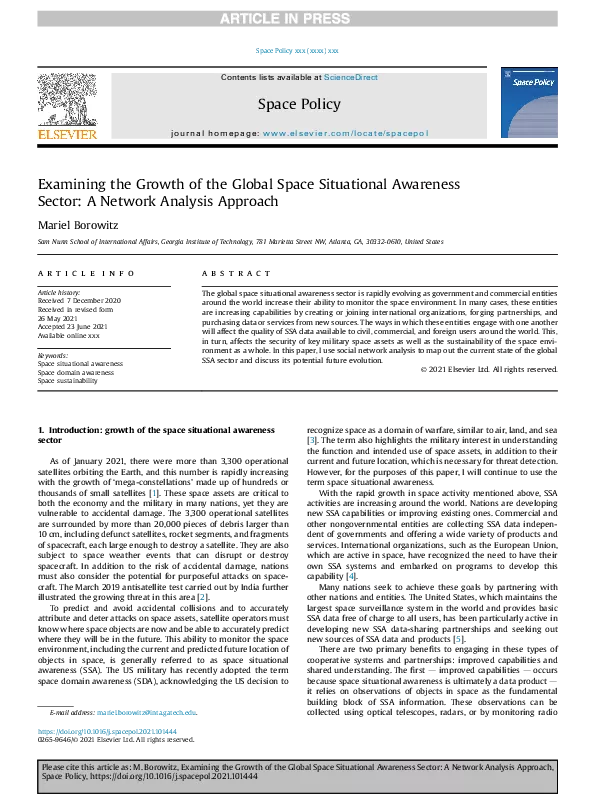 Examining the Growth of the Global Space Situational Awareness Sector: A Network Analysis Approach