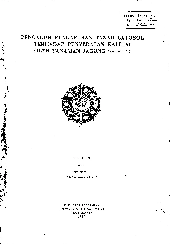 Pengaruh Pengapuran Tanah Latosol Terhadap Penyerapan Kalium Oleh Tanam Jagung (Zea Mays L.)