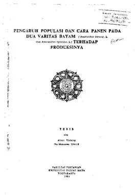 Pengaruh Populasi Dan Cara Panen Pada Dua Varitas Bayam ( Amaranthus Tricolor L Dan Amaranthus Hybridus L) Terhadap Produksinya