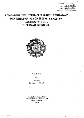 Pengaruh Penumpukan Kalium Terhadap Penyerapan Magnesium Tanaman Jagung (Zea Mays L.) Di Tanah Regosol