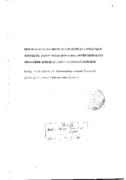 Biologi Lalat Jatiroto Diatraeophaga Striatalis Townsend Dan Penerapannya Dalam Pengendalian Penggerek Berkilat Chilo Auricilius Dudgeon