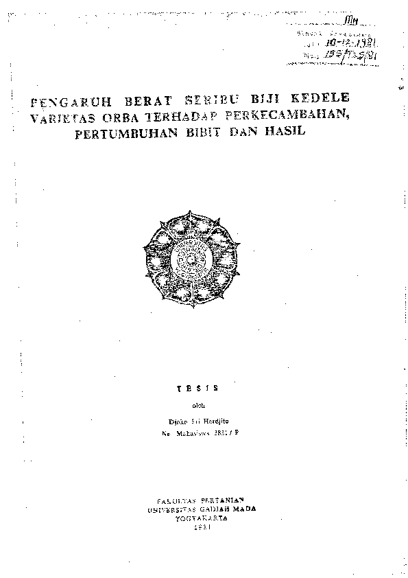 Pengaruh Berat Seribu Biji Kedele Varietas Orba Terhadap Perkecambahan, Pertumbuhan Bibit Dan Hasil