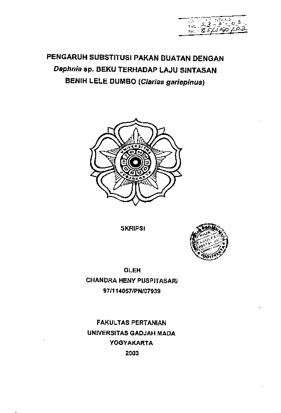 Pengaruh Substitusi Pakan Buatan Dengan Daphnia sp Beku Terhadap Laju Sintasan Benih Lele Dumbo