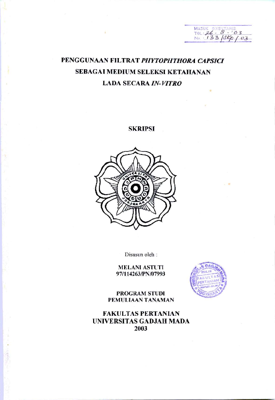 Penggunaan Filtrat Phytophthora CapsiciSebagai Medium Seleksi KetahananLada Secarain-Vitro