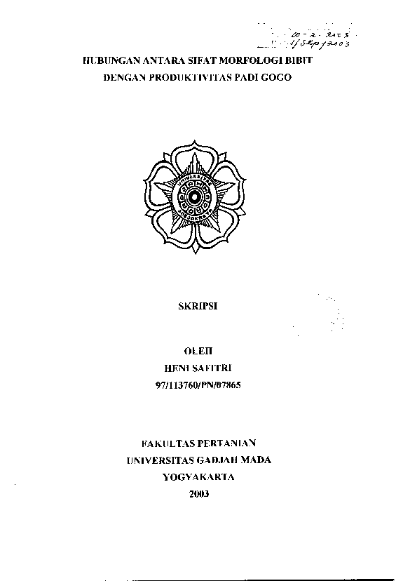Hubungan Antara Sifat Morfologi Bibit Dengan Produktivitas Padi Gogo