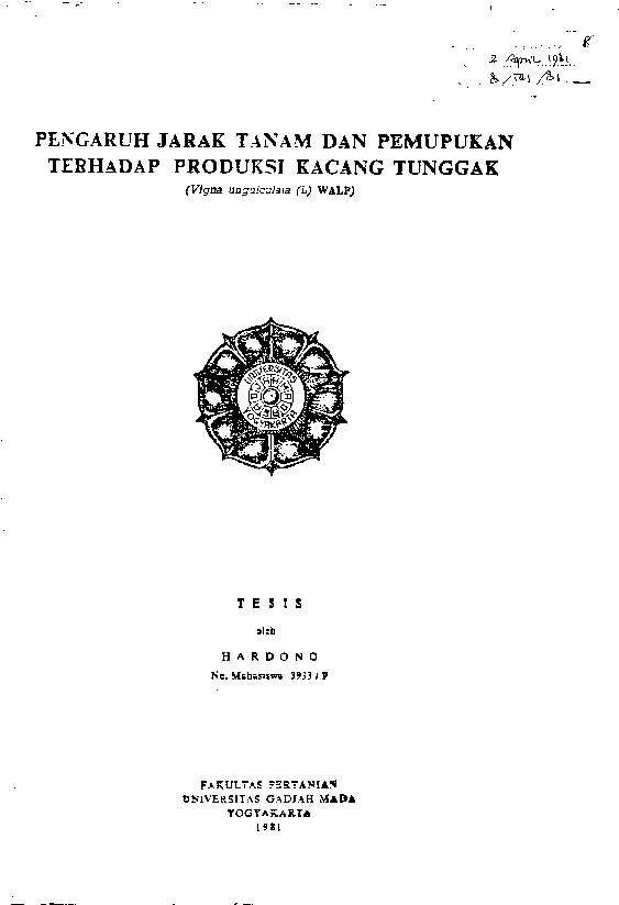 Pengaruh Jarak Tanam Dan Pemupukan Terhadap Produksi Kacang Tunggak (Vigna Unguiculata (L) Walp)