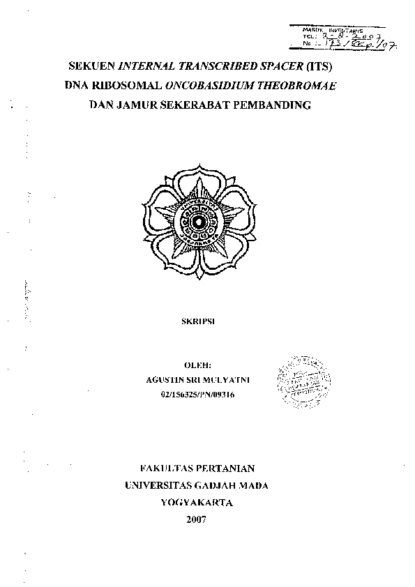 Sekuen Internal Transcribed Spacer (Its) Dna Ribosomal Oncobasidium Theubromae Dan Jamur Sekerabat Pembanding