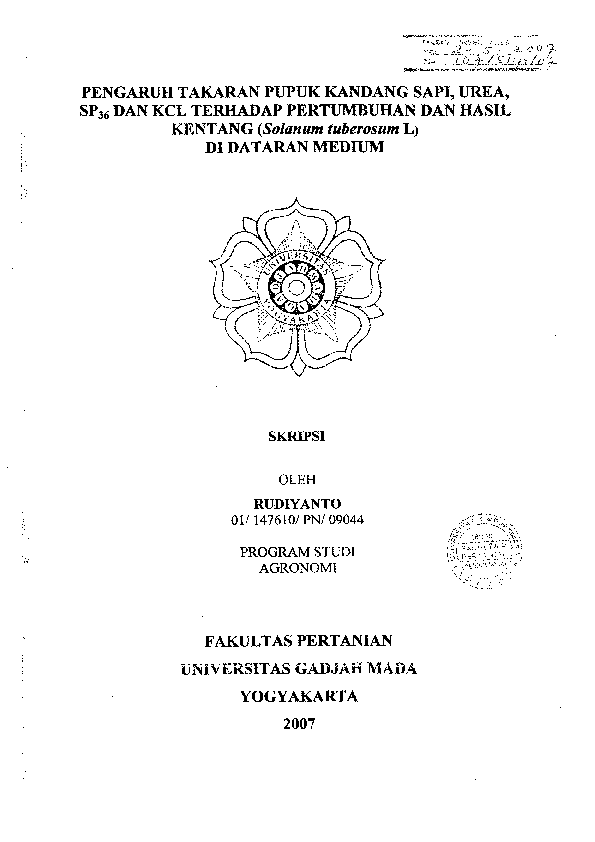 Pengaruh Takaran Pupuk Kandang Sapi, Urea, Sp36 Dan Kcl Terhadap Pertumbuhan Dan Hasil Kentang (Solanum Tuberosum L) Di Dataran Medium