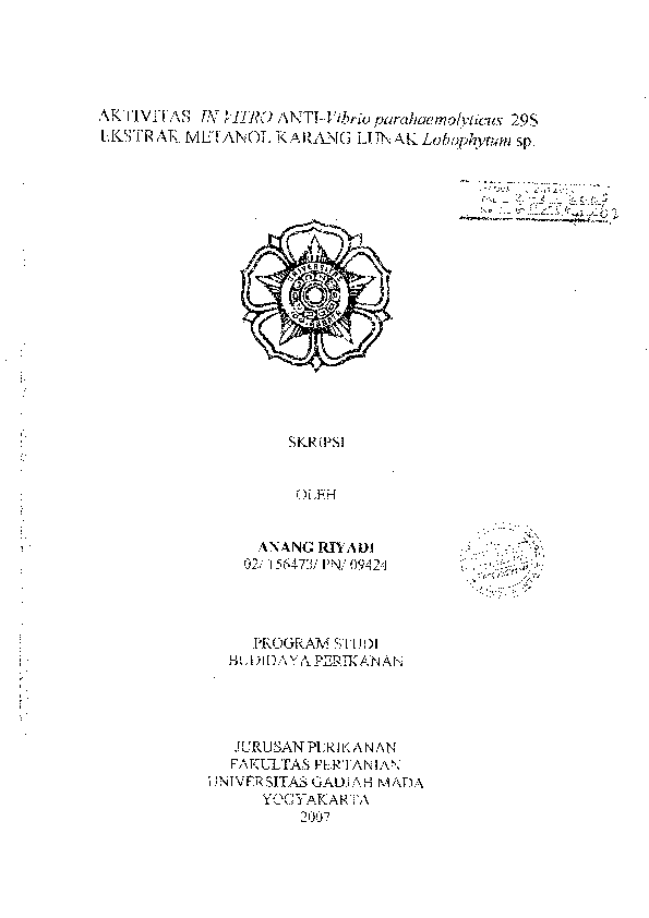 Aktivitas In Vitro Antl-Vibrio Parahaemolyticus 29S Ekstrak Metanol Karang Lunak Lobophytum Sp.