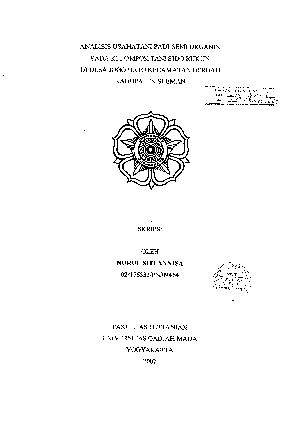 Analisis Usahatani Padi Semi Organik Pada Kelompok Tani Sido Rukun Di Desa Jogotirto Kecamatan Berbah Kabupaten Sleman